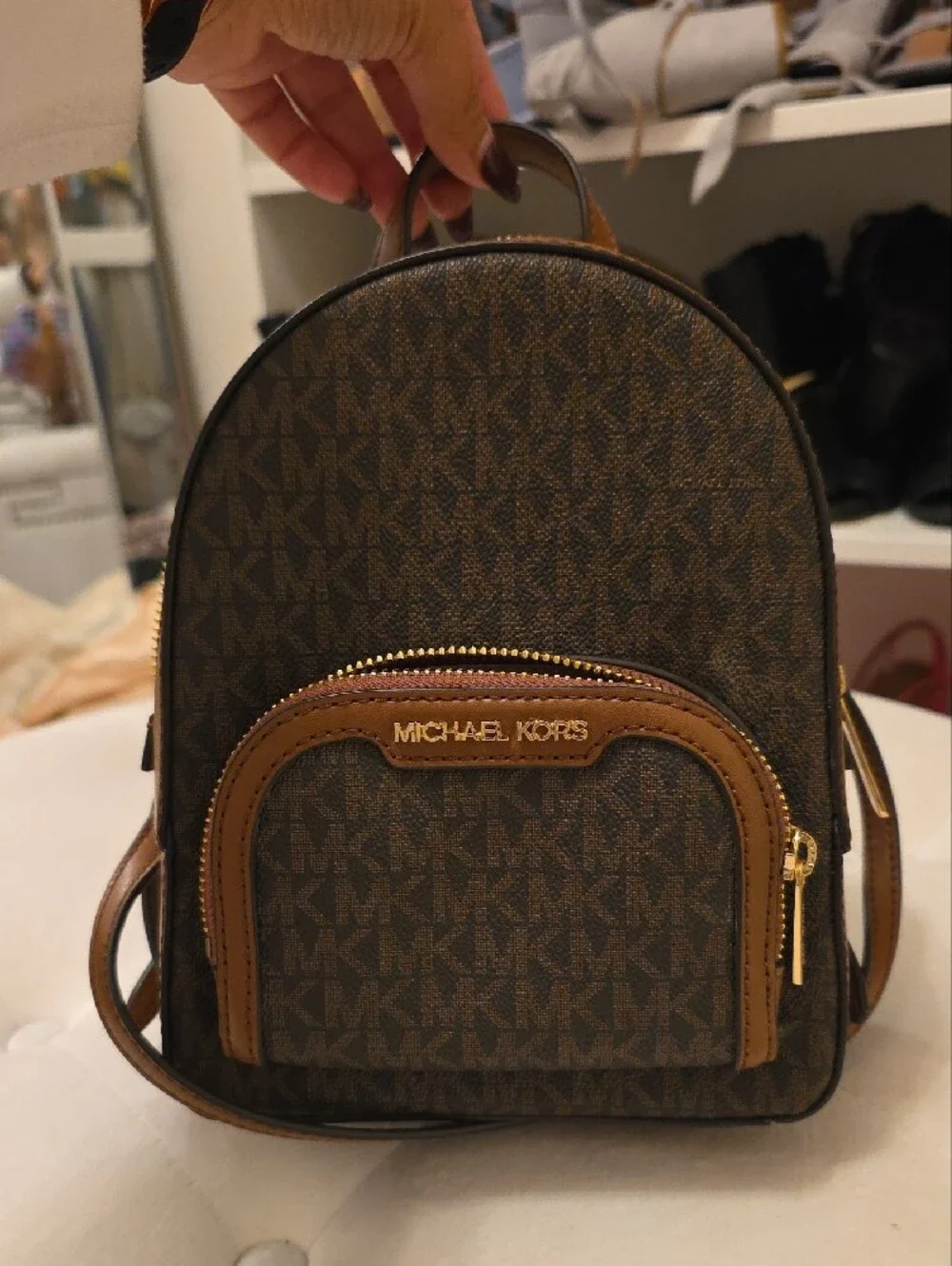 Michael Kors Brown Logo Mini Convertible Backpack with Tan Trim